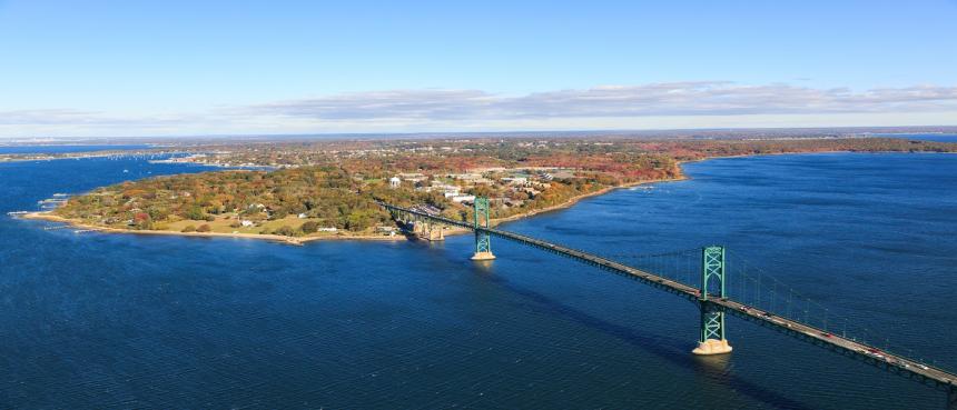 Arial photo of campus and mount hope bridge. 