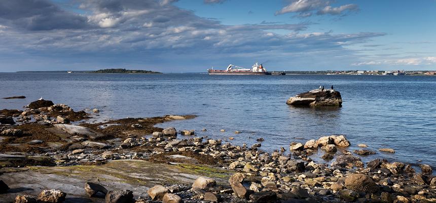 image of rocky shore in foreground with a working vessel on the horizon